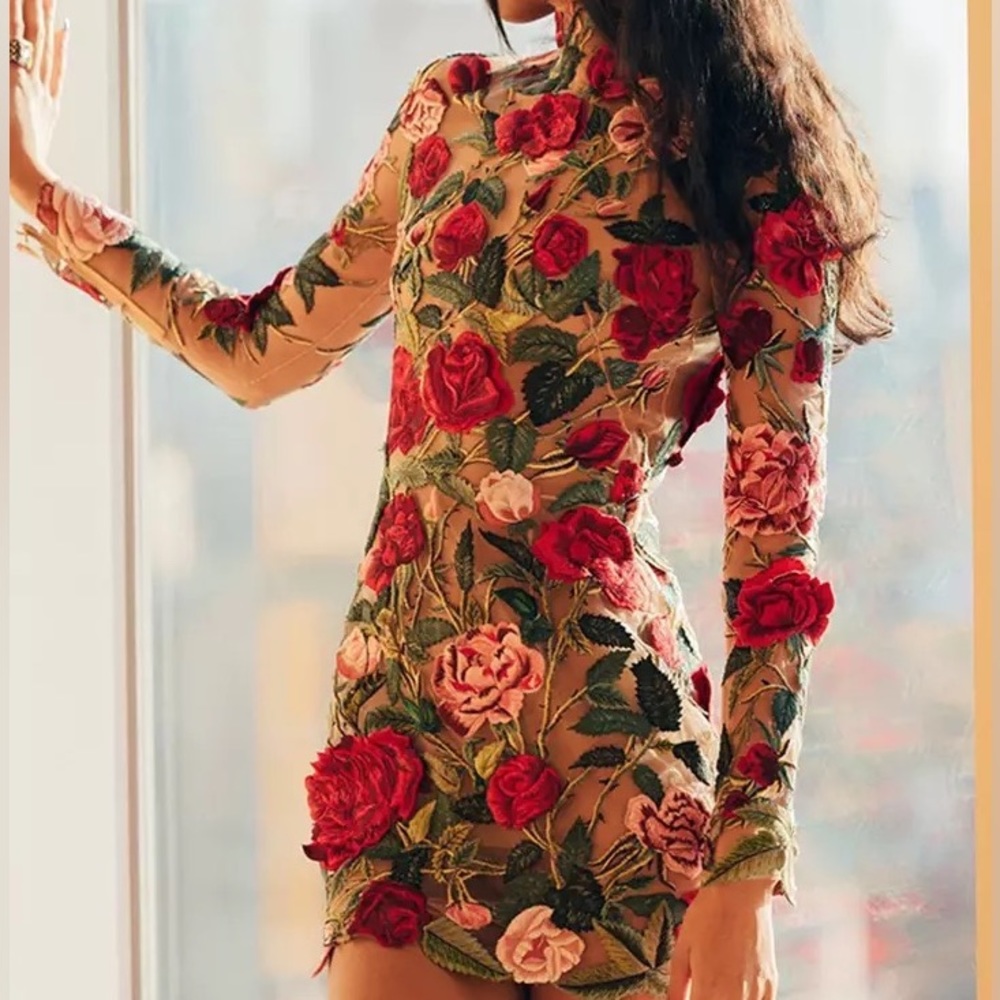 Floral Embroidered High Neck Mini Dress, (NOT Oscar de la Renta), Luxury Mini